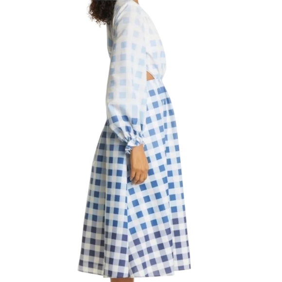 STAUD blanche blue white cottagecore ombre gingham check cutout midi dress small - Picture 3 of 15